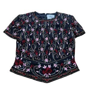 Vintage Papell Size S Black Red & Pink Floral Embroidered Silk Top